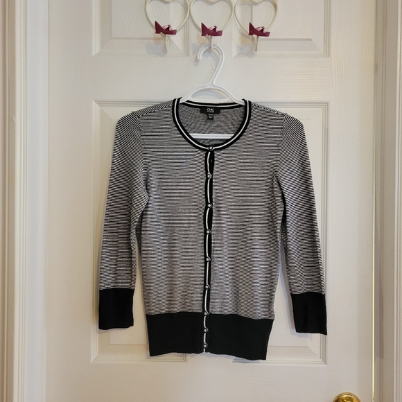 5/$20 Black white striped crewneck button front knit cardigan sweater Jacob XS - Picture 1 of 8